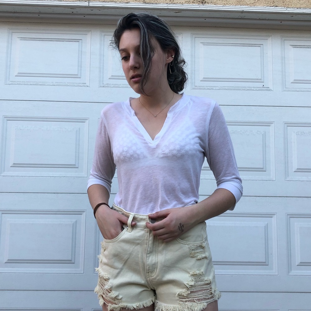 Mid length sleeve white v neck